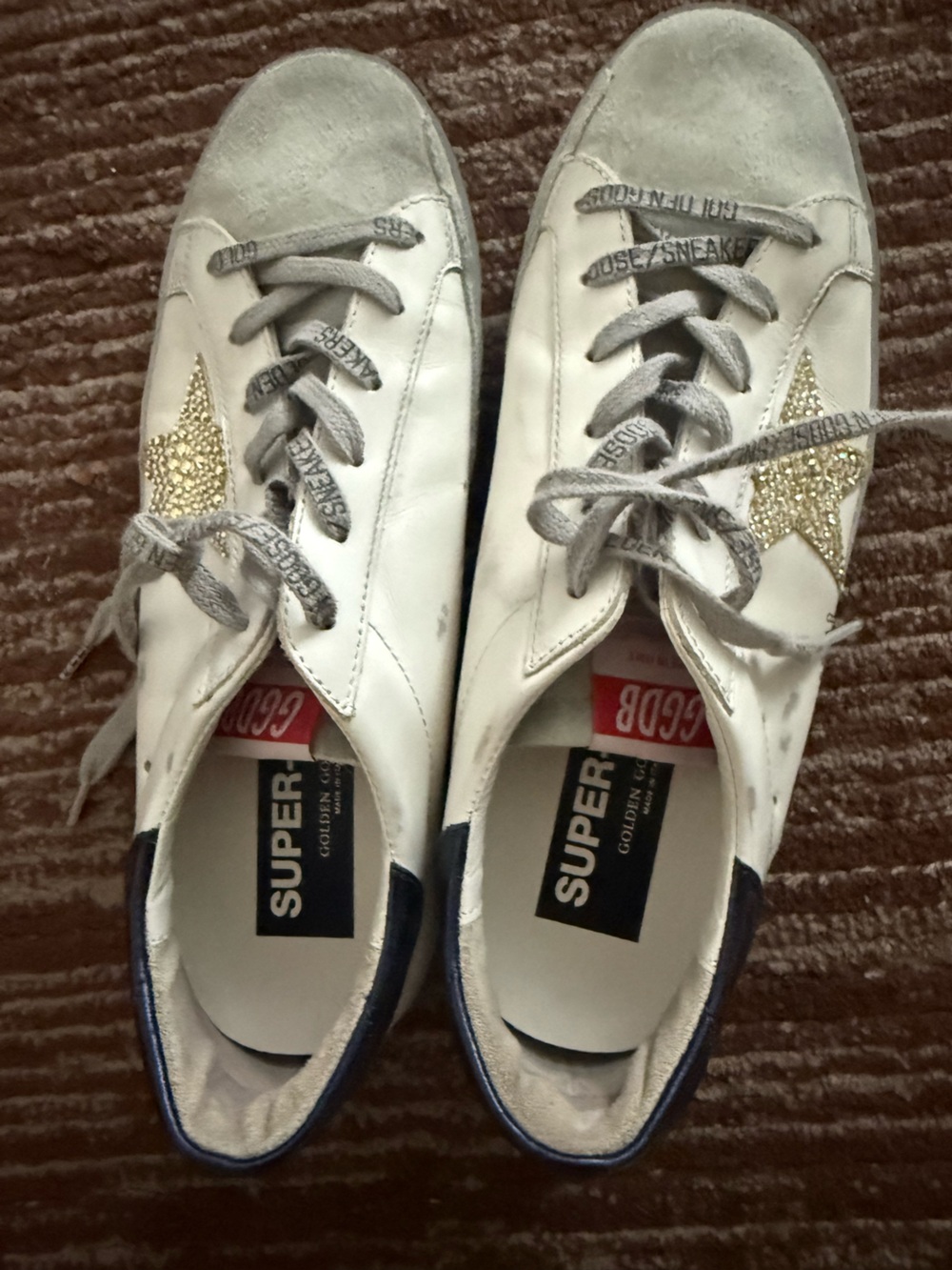 Golden Goose White Leather Sneakers with Gold Crystal Star and Gray Details